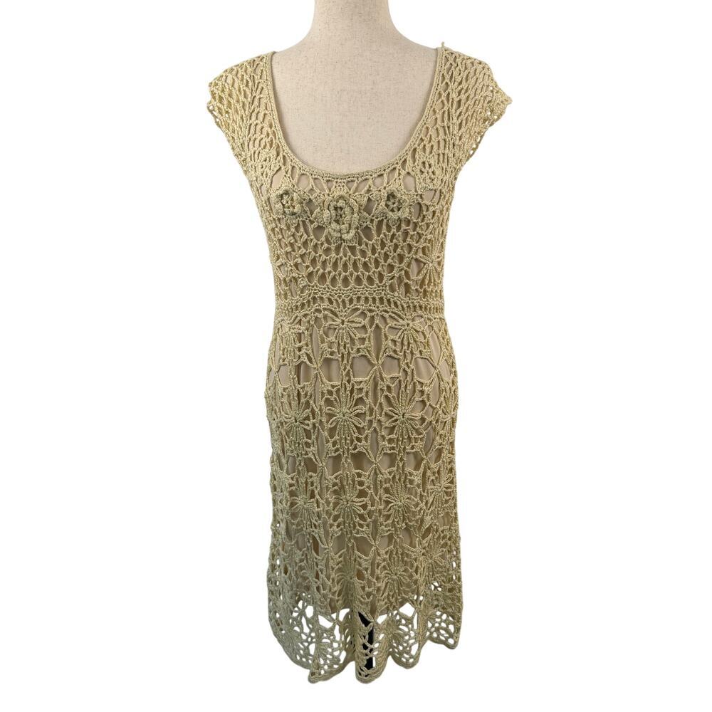 VTG y2k Pyramid Collection Cream Crochet Floral Knee Length Dress Women's Medium